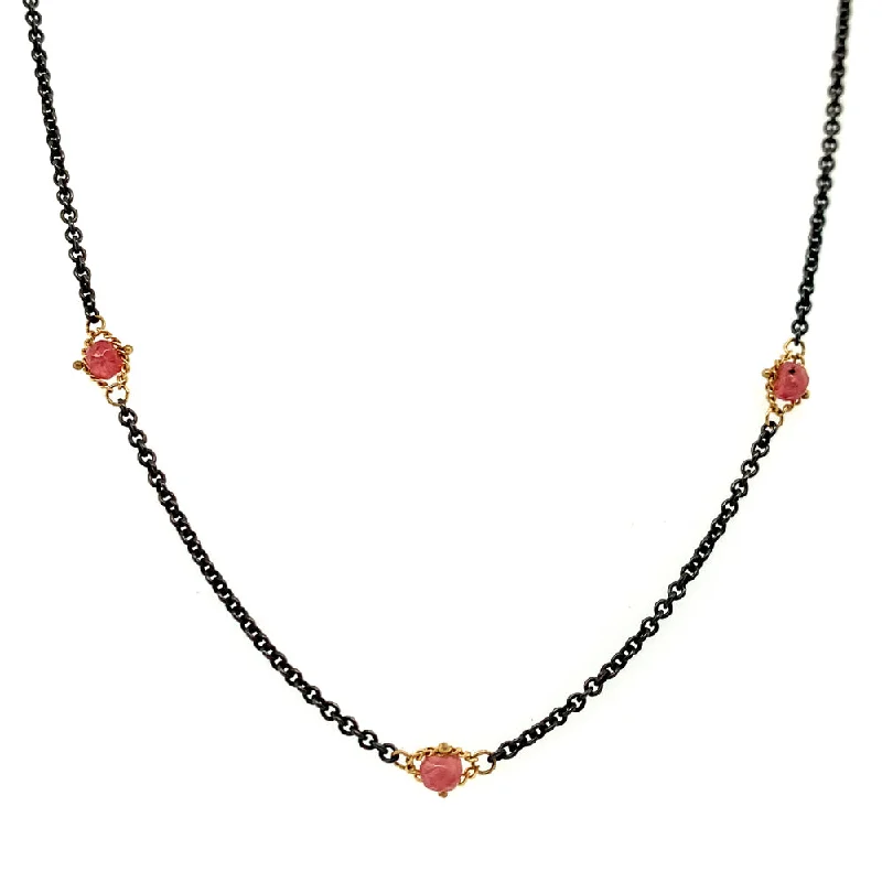 women etched metal necklaces -Pink Spinel Rondelle & Yellow Gold Station Necklace - "Roxy's Rouge"