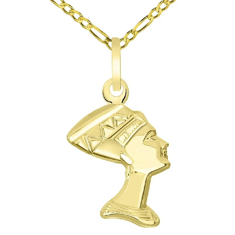 women wedding jewelry necklaces -14k Yellow Gold Head of Egyptian Queen Nefertiti Pendant Necklace - Available with Rolo, Curb, or Figaro Chain Necklaces