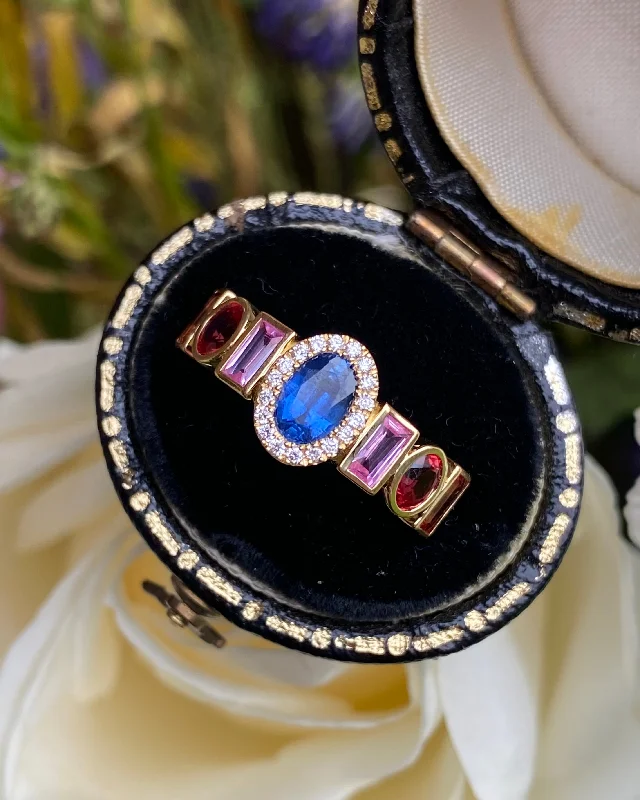 women art deco rings -Contemporary Multi-Coloured Sapphire and Diamond Ring 18ct Yellow Gold 0.10ct + 1.70ct