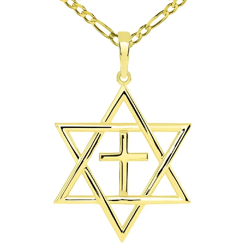 women heart-shaped pendant necklaces -14k Yellow Gold Jewish Star of David with Religious Cross Judeo Christian Pendant - Available with Rolo, Curb, or Figaro Chain Necklaces