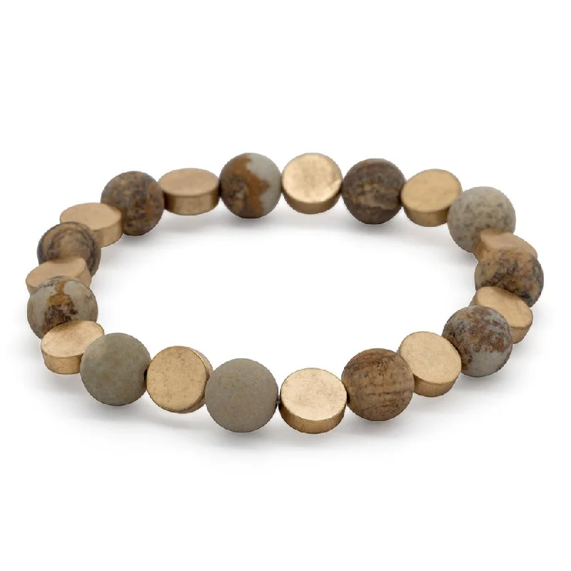 women men’s bracelets -Stretch Bracelet Semi Precious Bead Gold Disc Jasper