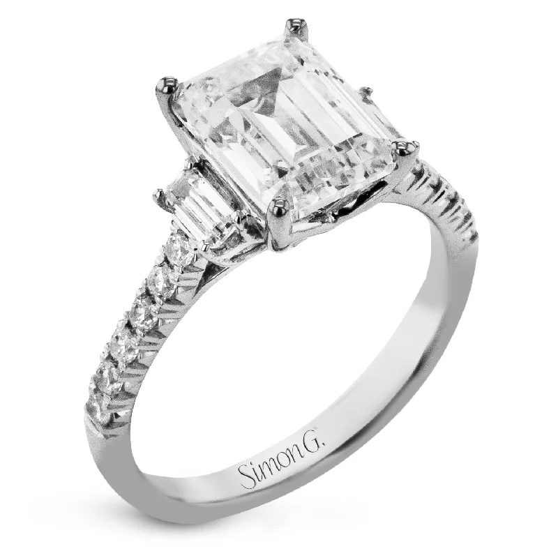 affordable halo engagement rings -Emerald-cut Three-stone Engagement Ring in 18k Gold with Diamonds