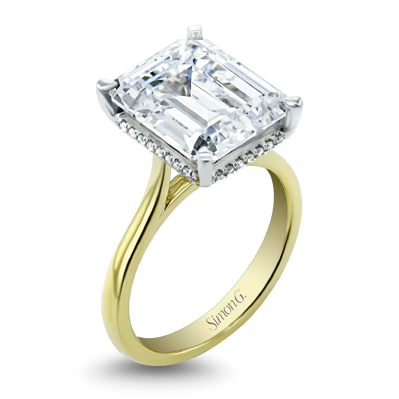 wedding engagement rings -Emerald-cut Hidden Halo Engagement Ring in 18k Gold with Diamonds