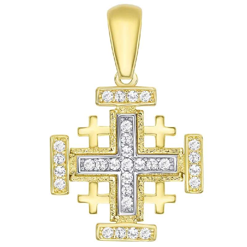 women two-tone necklaces -14k Solid Yellow Gold CZ Crusaders Jerusalem Cross Pendant