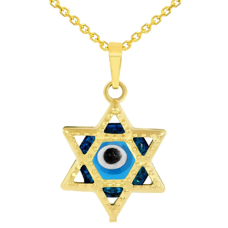 women birthstone necklaces -14k Yellow Gold Small Blue Evil Eye Star of David Charm Pendant Necklace