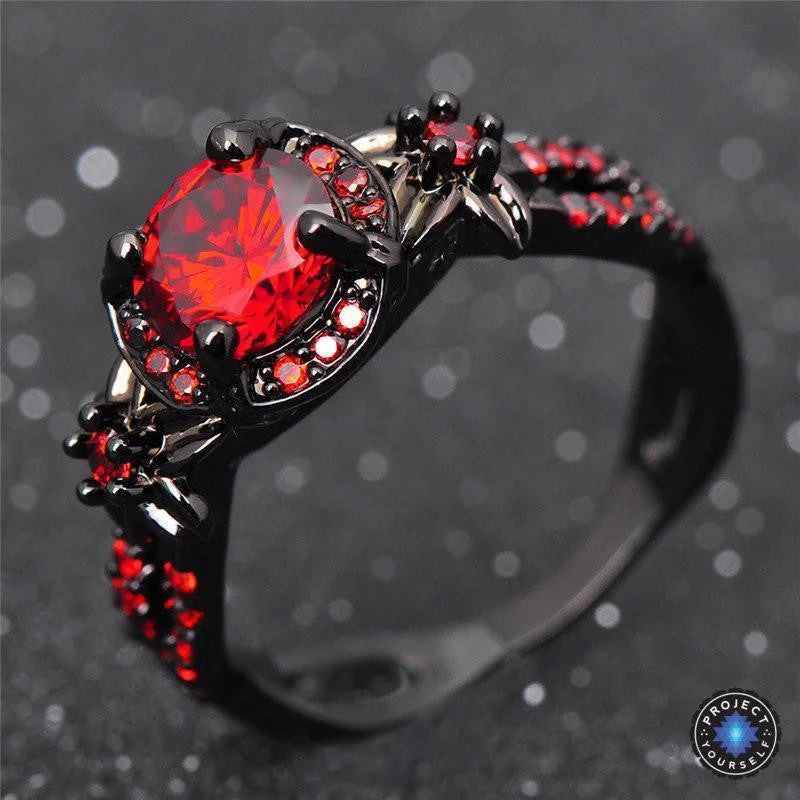 women men’s wedding rings -Red Garnet Black Gold Filled Ring