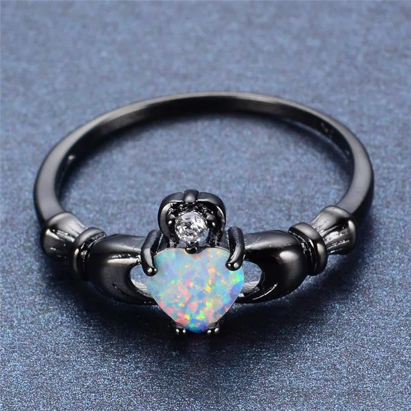 women cushion cut rings -Elegant Rainbow Opal Heart Black Gold Filled Solitaire Ring