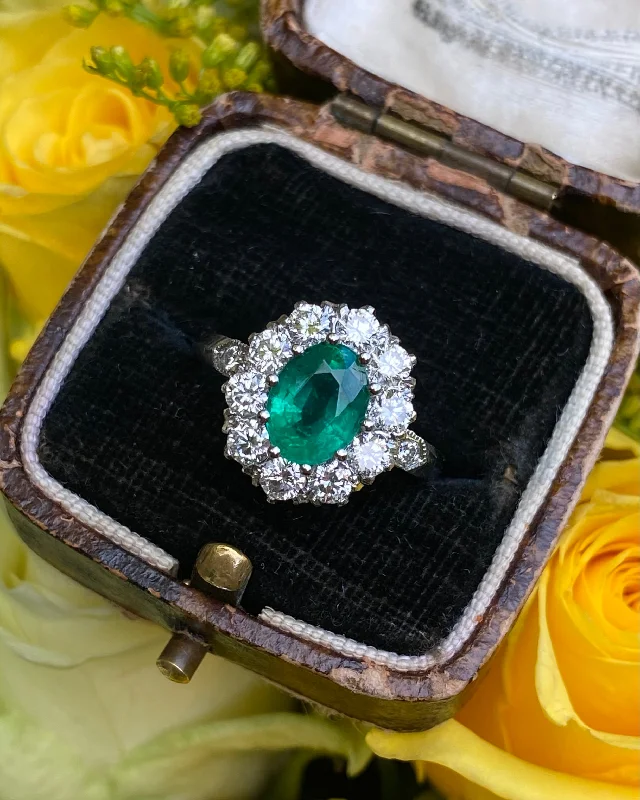 women handmade rings -Victorian Emerald and Diamond Cluster Ring Platinum 0.90ct + 1.15ct