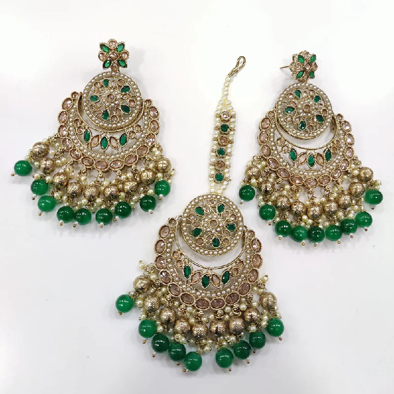 women statement earrings -JCM Gold Plated Crystal Stone And Beads Dangler Earrings With Maangtikka (Assorted Color 1 Piece Only)