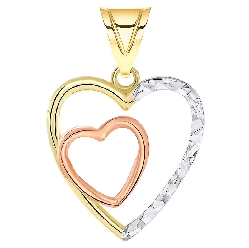 women layered necklaces -14k Yellow and Rose Gold Textured Tri-Tone Double Open Heart Pendant