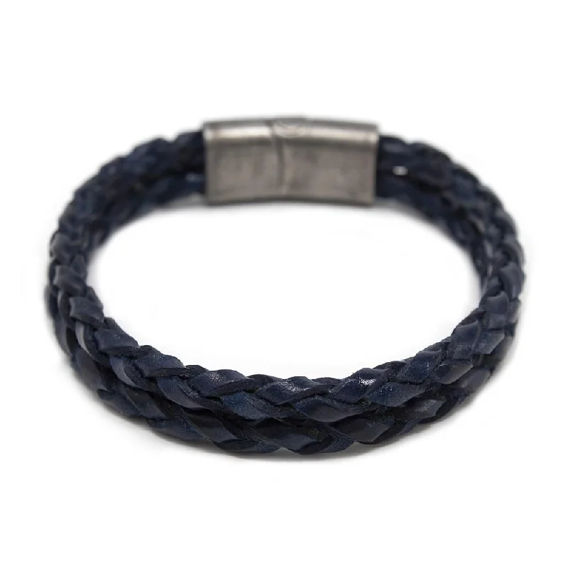 women bangles -Two Row Braided Leather Bracelet W Puzzle Clasp Navy