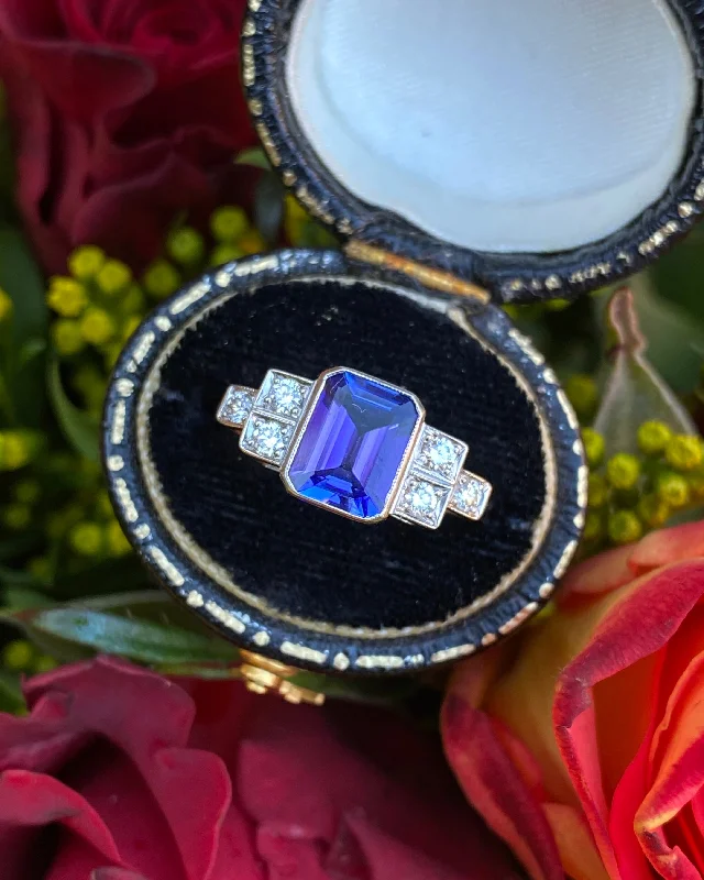 women promise rings -Art Deco Tanzanite and Diamond Platinum Ring 0.25ct + 1.50ct