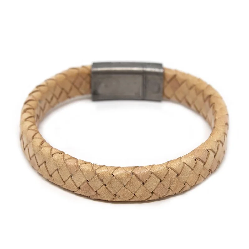 women statement bracelets -Camel Braided Leather Bracelet W Antique Silver Clasp