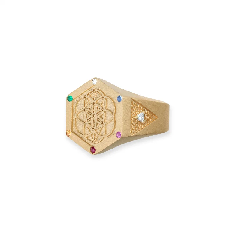 women yellow gold rings -MULTI GEMSTONE SACRED GEOMETRY SIGNET RING