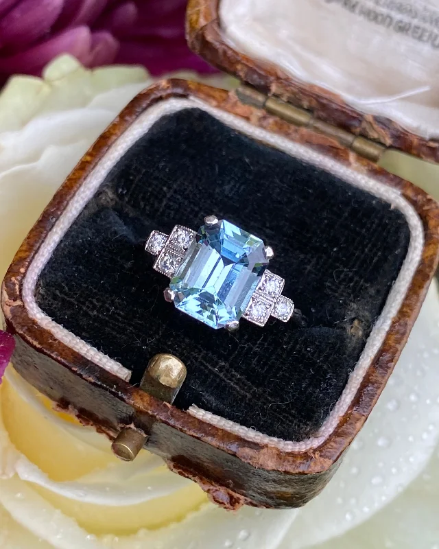 women cubic zirconia rings -Art Deco Aquamarine and Diamond Platinum Ring 0.20ct + 2.10ct