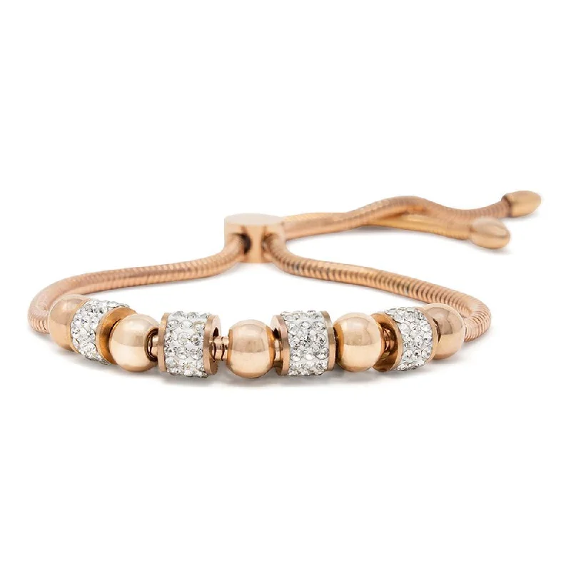 women art deco bracelets -Stainless Steel Cocoon Chain Bracelet Crystal Pave Beads Rose Gold Plated