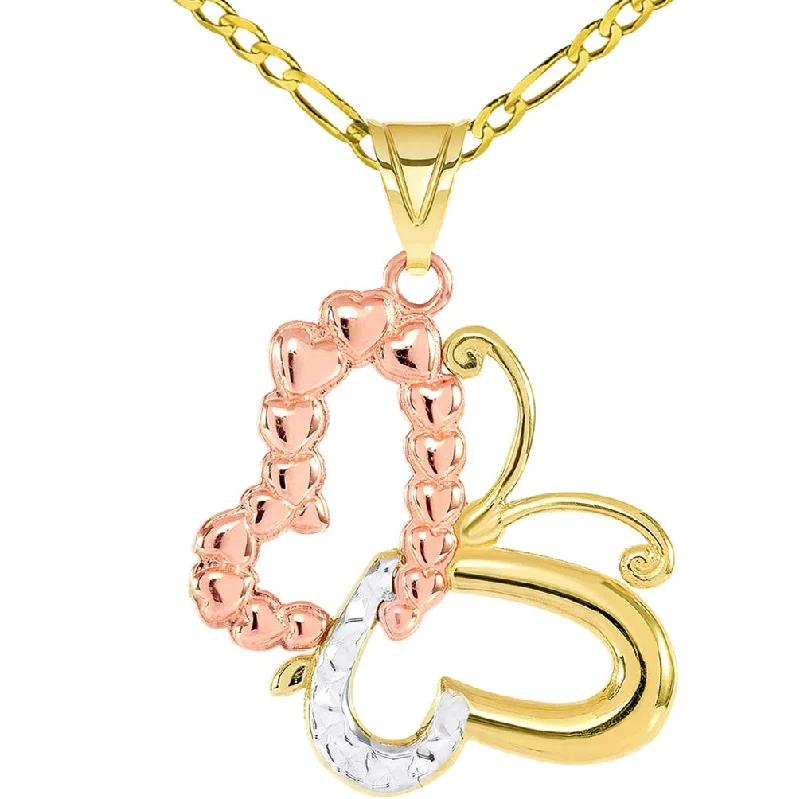 women heart-shaped pendant necklaces -14k Yellow Gold and Rose Gold Dangling Sideways Tri-Tone Open Heart Butterfly Pendant Figaro Chain Necklace