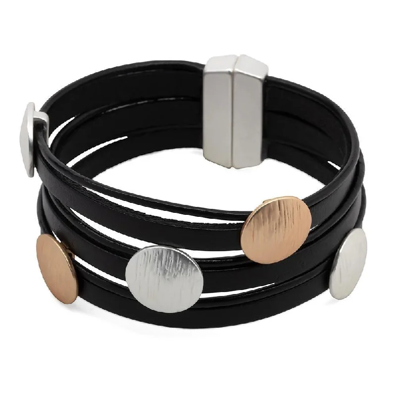 women floral bracelets -Leather Multi Row Bracelet Matte Two Tone Discs Black