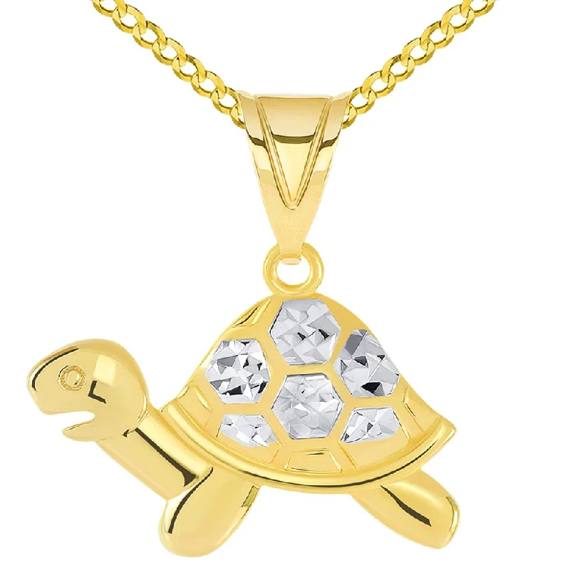 women wedding day necklaces -14k Yellow Gold Textured Sideview Two-Tone Turtle Charm Pendant with Curb Chain Necklace