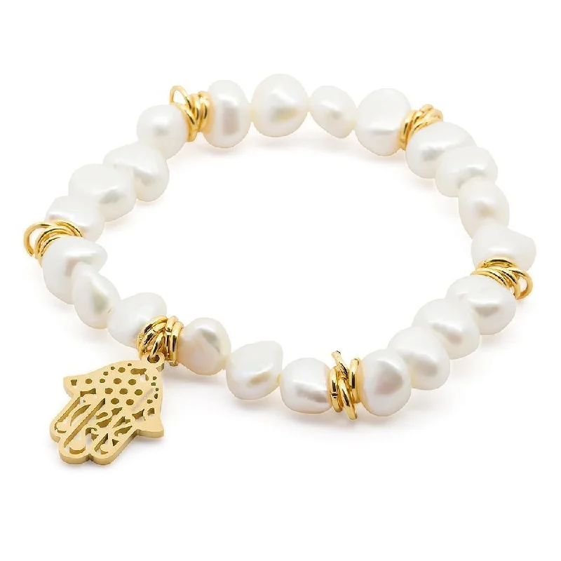 women chunky bracelets -Stainless Steel Hamsa Hand Bracelet Gold Plated Pearl