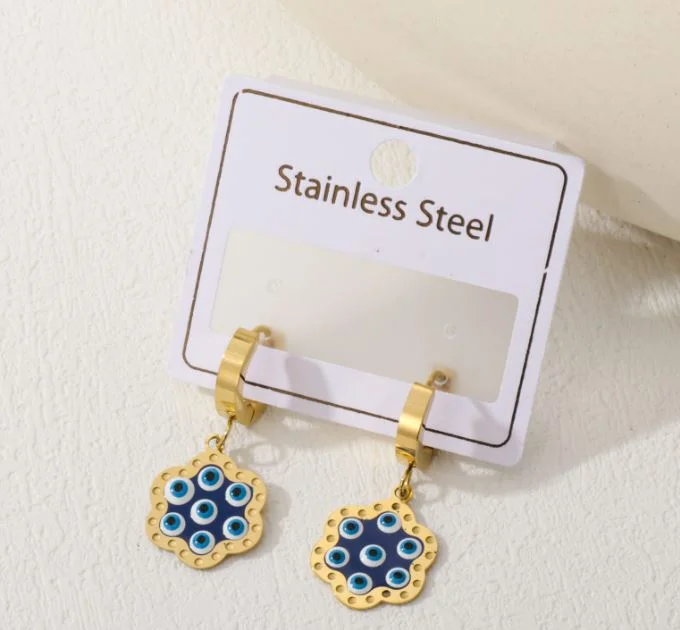 women heart-shaped earrings -Tarohi Jewels Stainless Steel Floral Shape Evil Eye Enamel Hoops Earring - STNER 5060