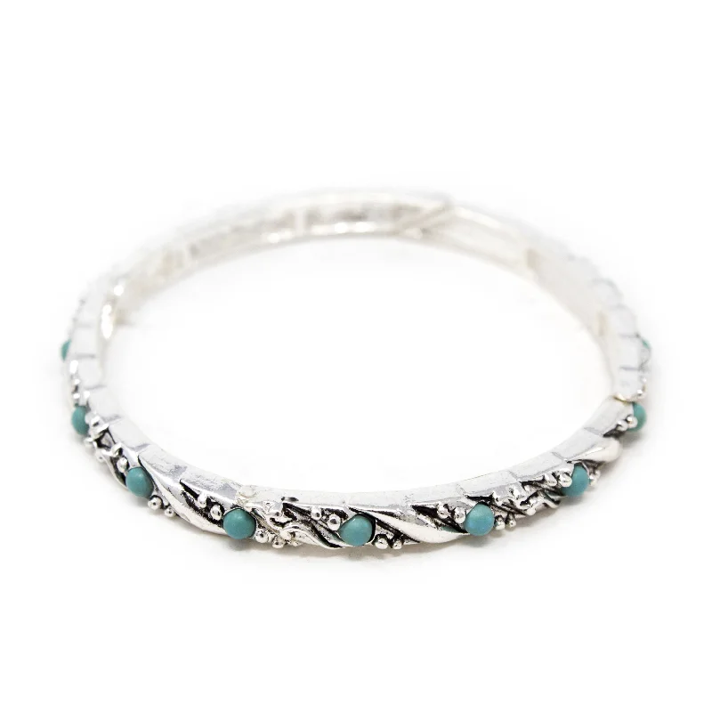 women leather bracelets -Antique Silver Stretch Bracelet Turquoise stones