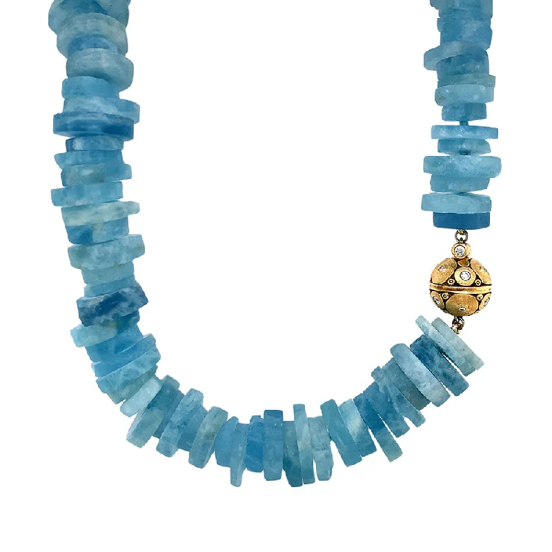 women gemstone pendant necklaces -Beaded Rough Aquamarine Disc Necklace with Diamond Lilies Clasp - "Glaciers Edge"