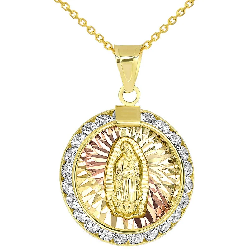 women pearl drop necklaces -14K Yellow Gold Tri-Tone Round Shaped Our Lady Of Guadalupe Elegant CZ Medallion Pendant Necklace