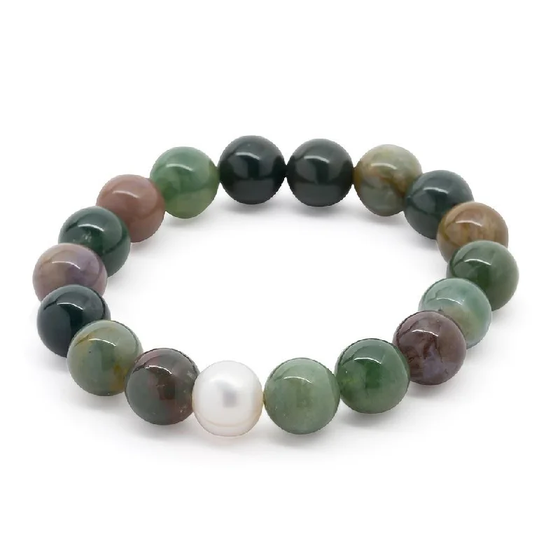 women adjustable bangle sets -Semi Precious Stone Stretch Bracelet Moss Agate with Pearl