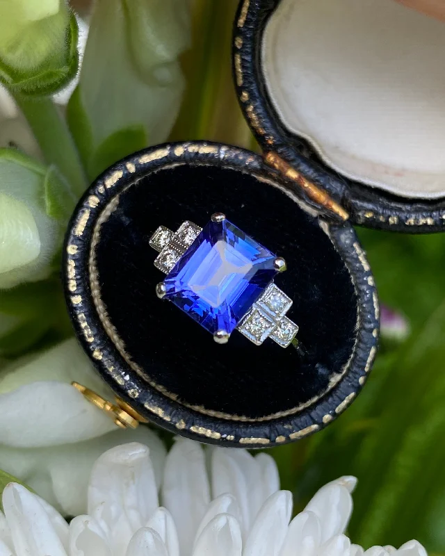 women pearl rings -Art Deco Tanzanite and Diamond Platinum Ring 0.18ct + 2.75ct