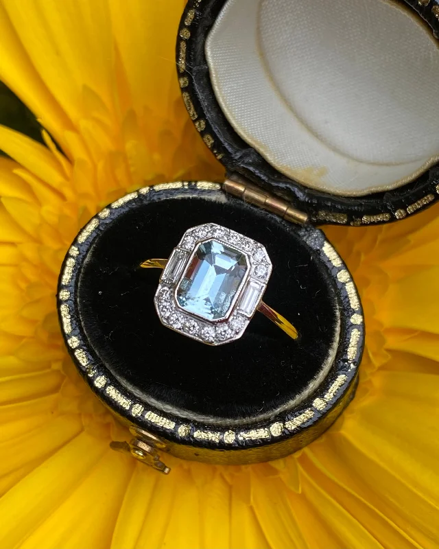 women bold rings -Art Deco Aquamarine and Diamond Ring Platinum 0.25ct + 0.80ct