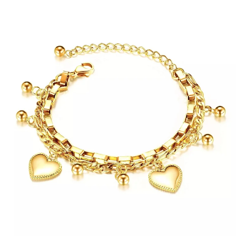 women handmade bracelets -Stainless Steel Heart Charm Layered Box Chain Bracelet Gold Plated