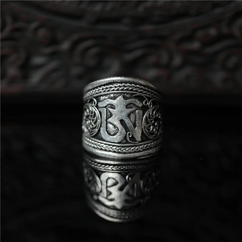 women fashion rings -Tibetan Intricate Silk Flower Om Mantra Silver Ring