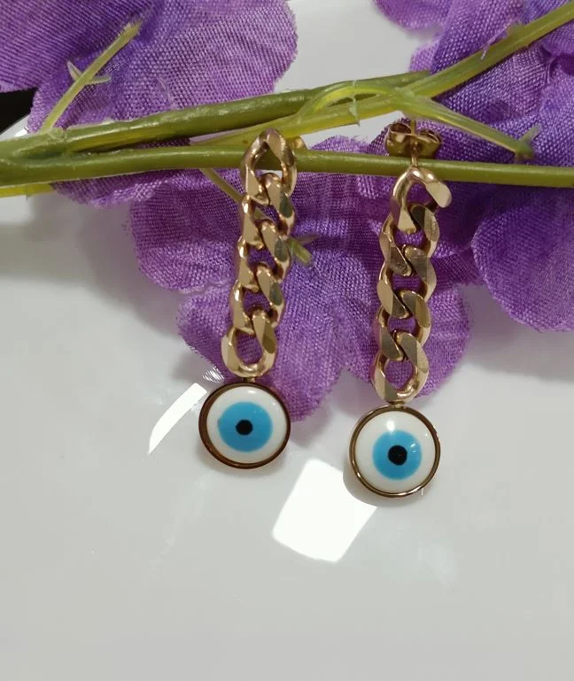 women engraved earrings -Tarohi JewelsStainless Steel Gold/Rosegold Plated Evil Eye Chain Earring- STNER 2587