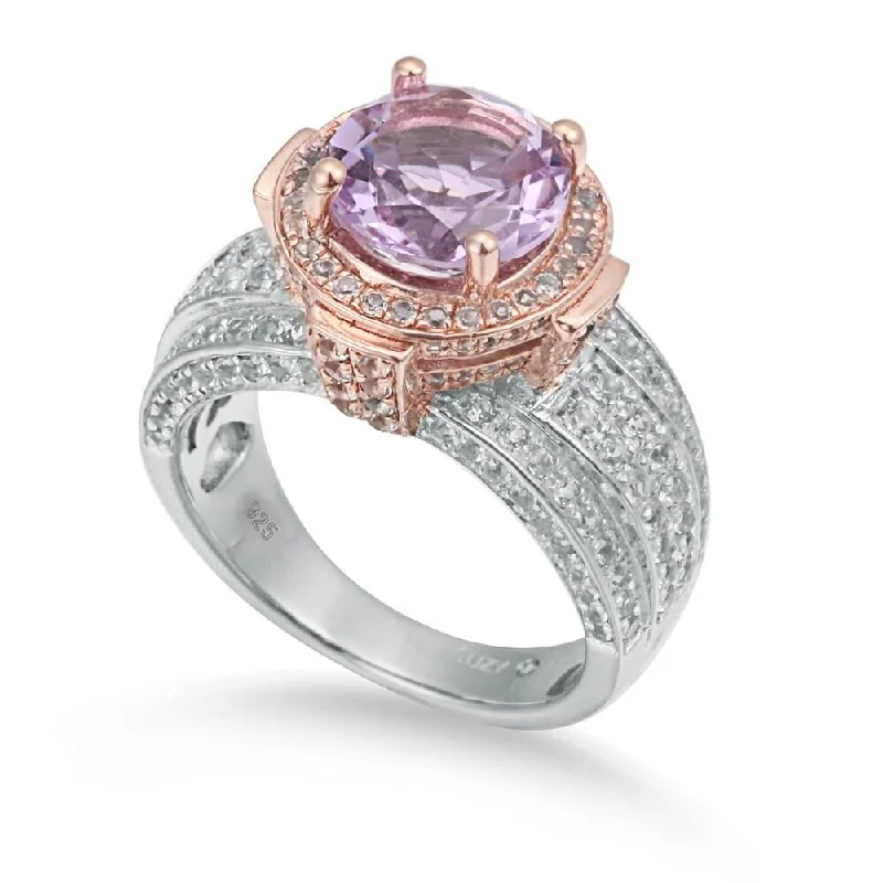 vintage engagement rings -Suzy Levian Two-Tone Sterling Silver Round 4.85 TCW Purple Amethyst Ring