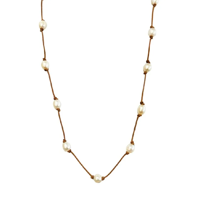 women minimalist gold necklaces -Freshwater Pearl & Leather Necklace - "Mira"