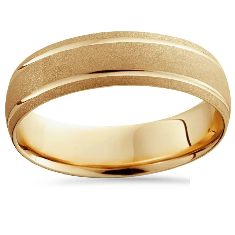 unique engagement rings -14K Yellow Gold Mens Brushed Dome Double Line Wedding Band 6mm Size Selectable