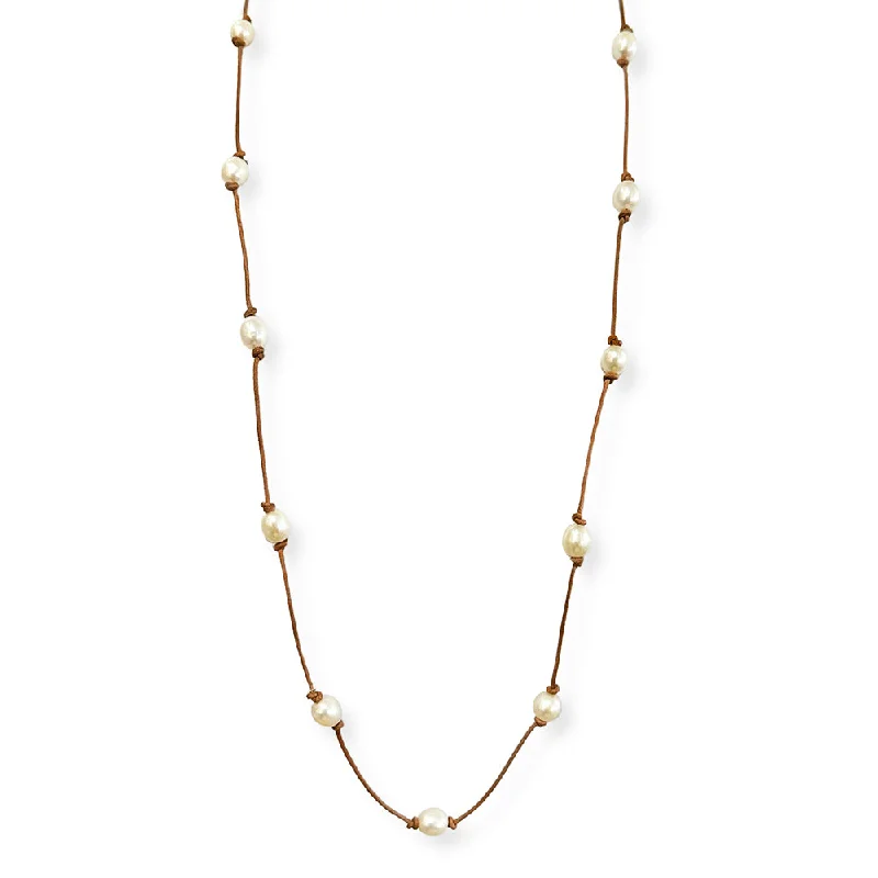 women long chain necklaces -Freshwater Pearl & Leather Necklace - "Madge"