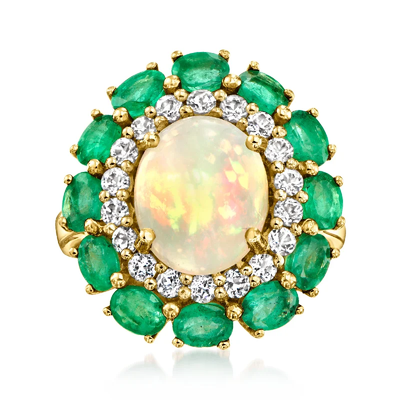 floral engagement rings -Ross-Simons Ethiopian Opal, Emerald and . White Topaz Ring in 18kt Gold Over Sterling