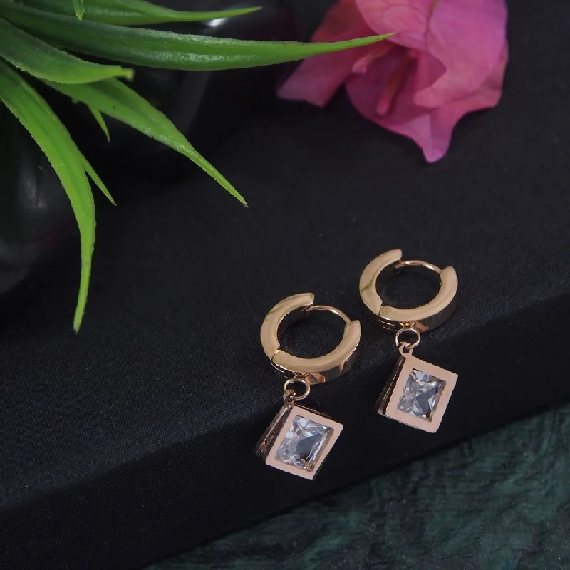 women birthstone earrings -Tarohi JewelsStainless Steel Rosegold Plated Square CZ Hoops Earring-STNER 2901