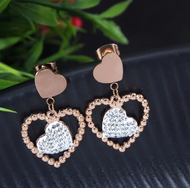 women cocktail earrings -Tarohi JewelsStainless Steel Rosegold Plated Heart Shaped Earring- STNER 2726