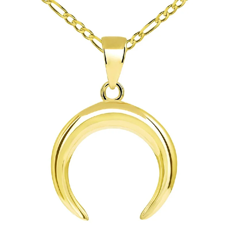 women thick chain necklaces -14k Gold Double Horn High Polished Crescent Moon Pendant with Figaro Chain Necklace - Yellow Gold