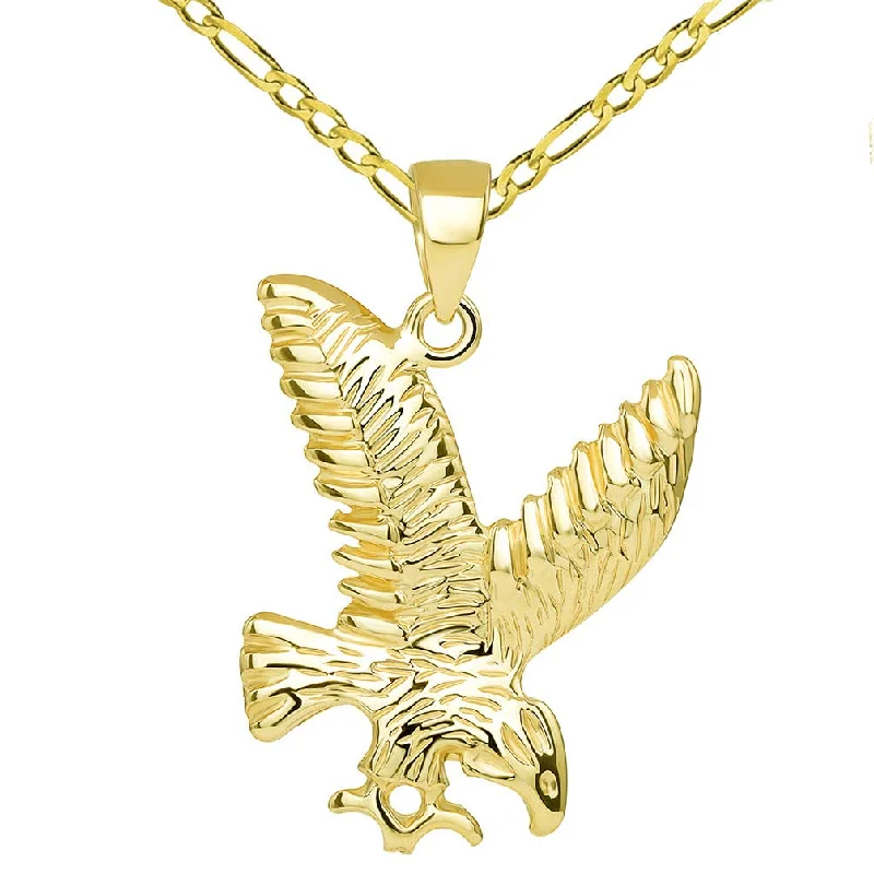 women custom engraved necklaces -14k Solid Gold Soaring American Eagle Animal Pendant with Figaro Chain Necklace - Yellow Gold