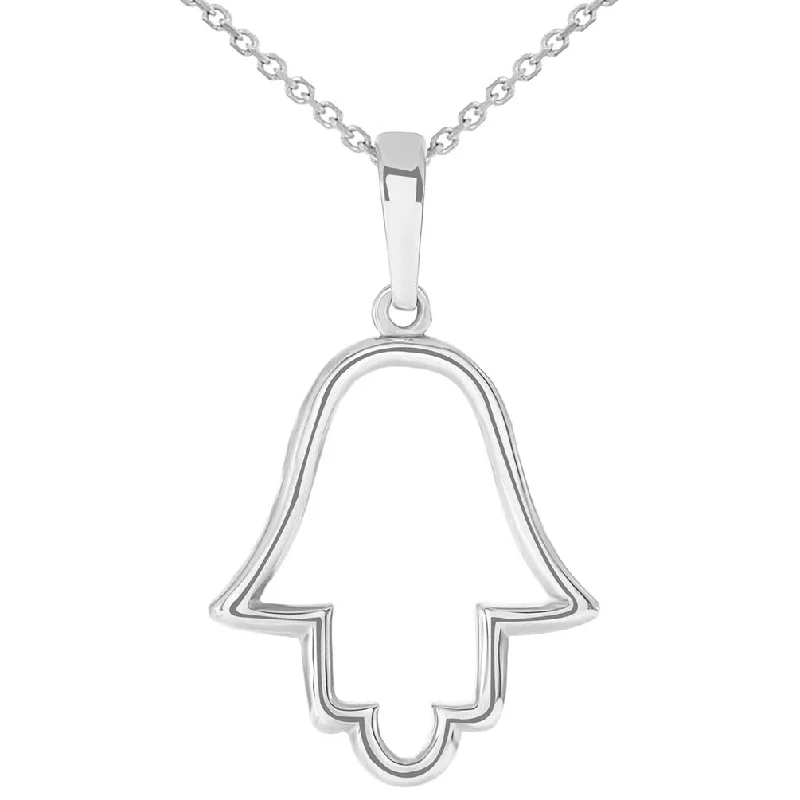 women long silver necklaces -Solid 14k White Gold Outline Hamsa Hand Pendant Necklace