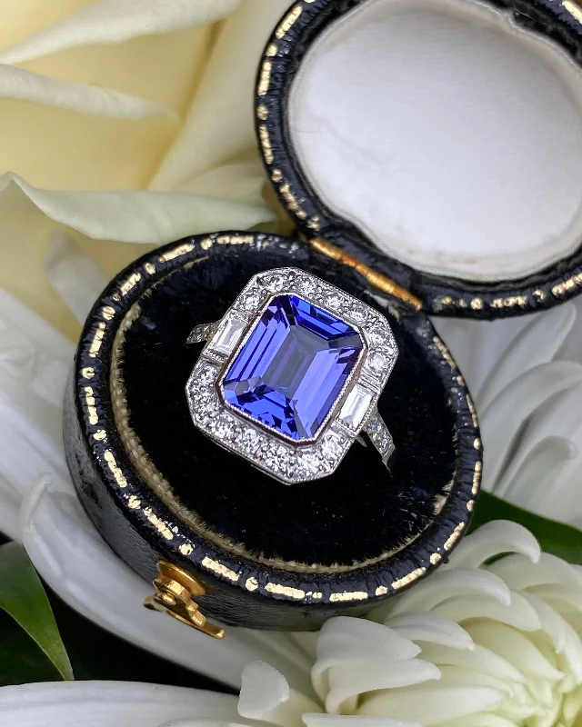 women birthstone rings -Art Deco Tanzanite and Diamond Platinum Ring 0.45ct + 2.10ct