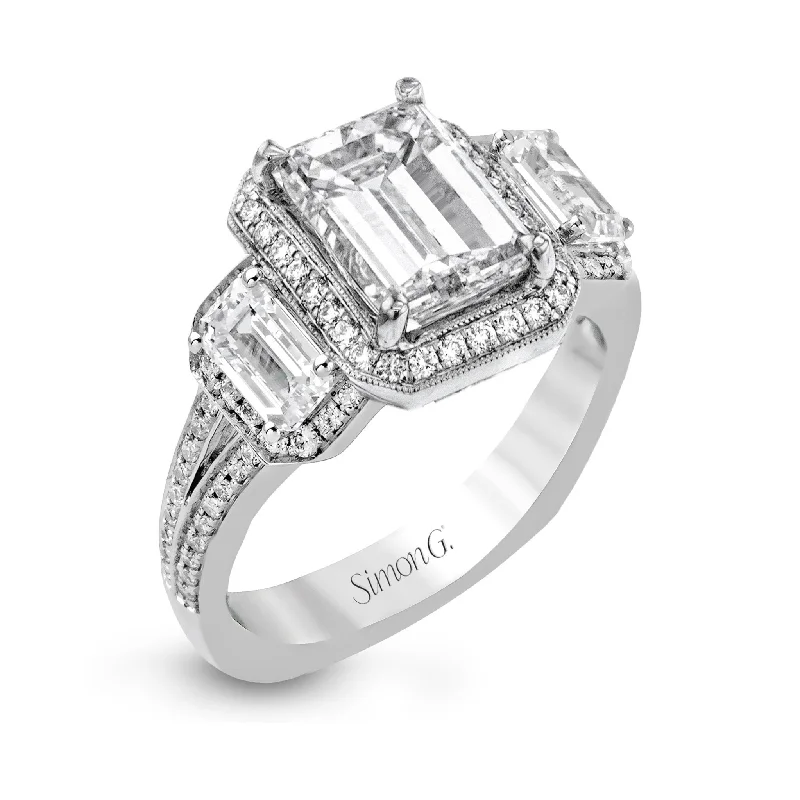 handpicked engagement rings -Emerald-Cut Three-Stone Halo Engagement Ring In 18k Gold With Diamonds