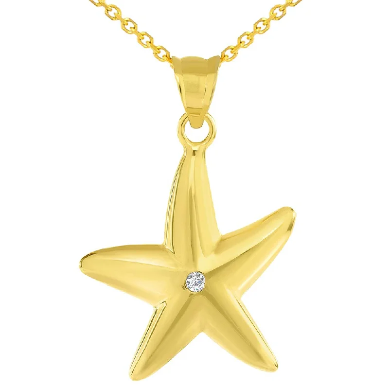 women rope necklaces -14k Yellow Gold High Polish Cubic Zirconia Studded Starfish Pendant with Rolo Cable Chain Necklace