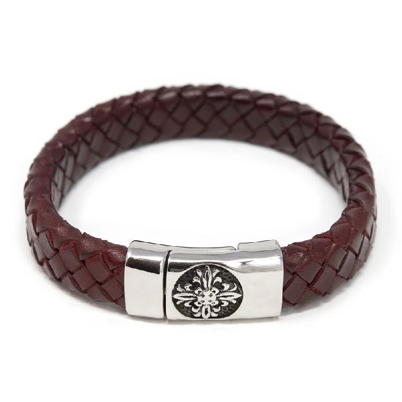 women bangles sets -Braided Leather Bracelet with Flower Clasp Burgundy Medium