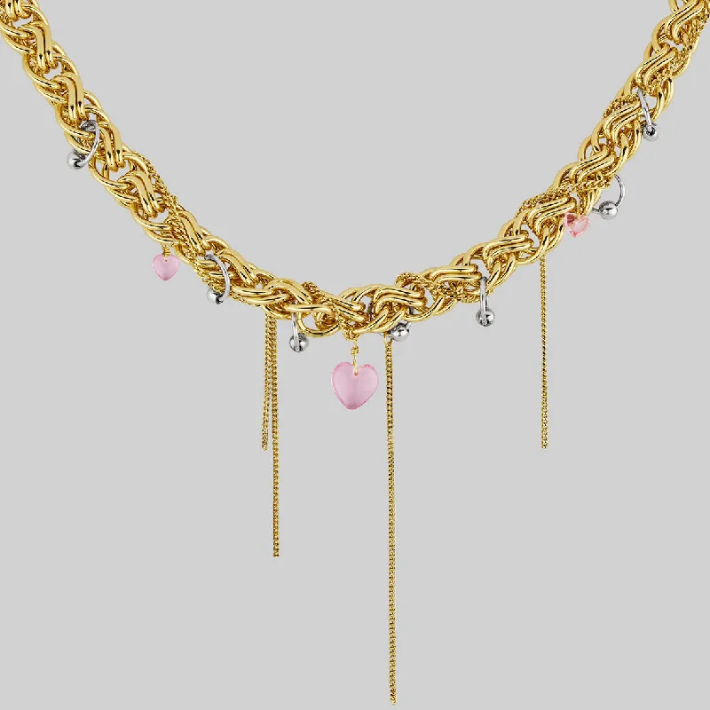 women engraved charm necklaces -EAT YOUR HEART OUT. Pierced Chunky Chain Collar Necklace - Gold