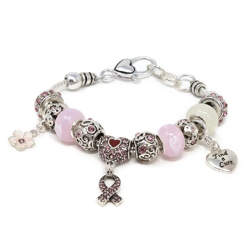 women thin bracelets -Charm Bracelet Pink Ribbon Crystal